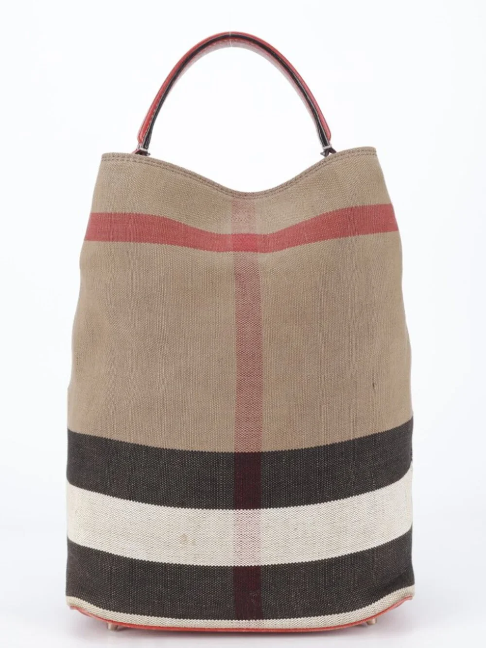 Burberry Ashby Check Canvas Bucket Bag Red Leather SHW + Pouch & Strap